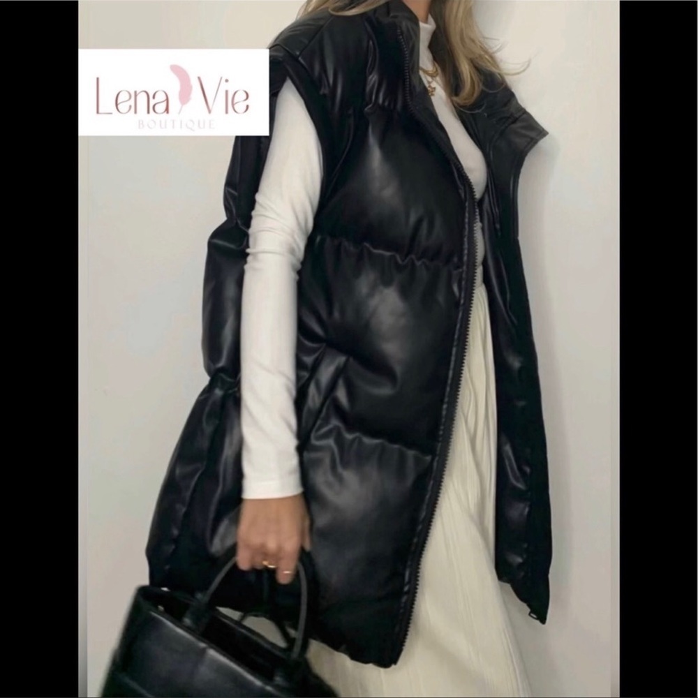 Kimberly All Weather Puffer Vest, Long Stylish Quilted Cap Sleeve Faux Leather